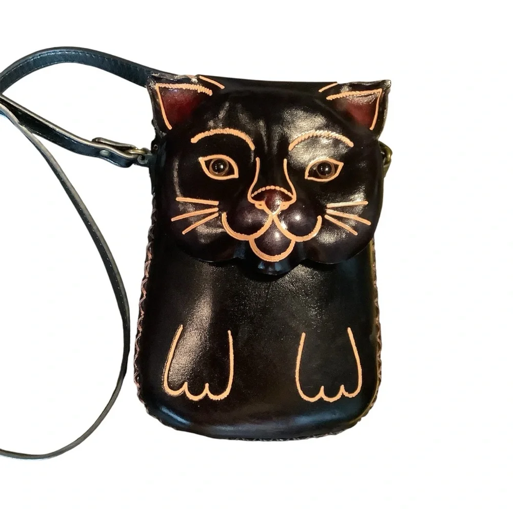 Black Cat Leather Crossbody Bag - Picture 3 of 15